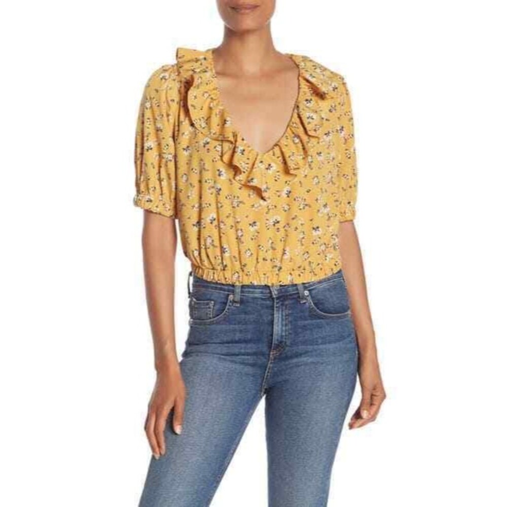 Abound Ruffled Crop Top Size M V-Neck Elastic Waist Floral Goldenrod NWT B39